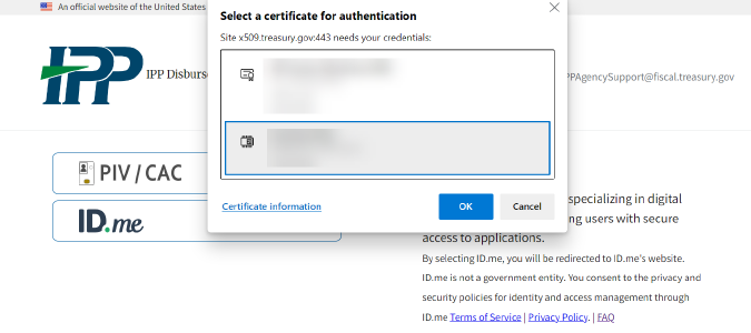 Select a certificate for authentication.