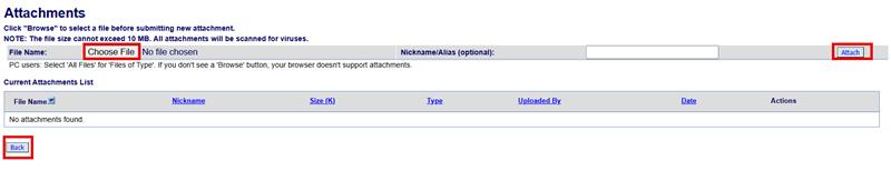 The attachments page has a browse button that allows users to upload a file.