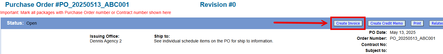 The Purchase Order page has a Create Invoice button in the top right part of the screen.