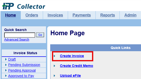 The homepage tab has links to create invoice, create credit memo, and upload e-file.