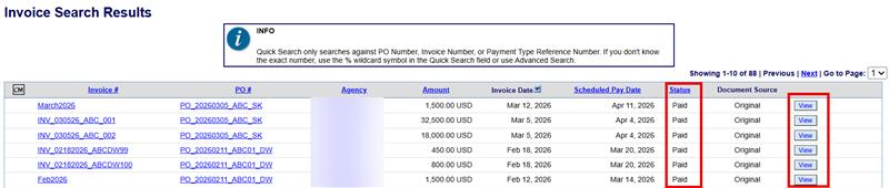 The invoice search results page shows the invoice status as well as a view button for more information.
