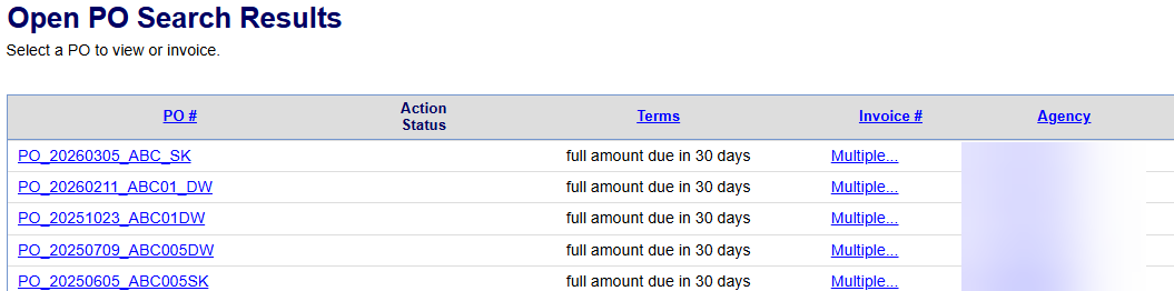 Screenshot of the PO search results page showing a column with links to purchase orders.