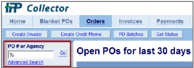 Screenshot of the orders tab showing the PO number or agency text field with a go button.