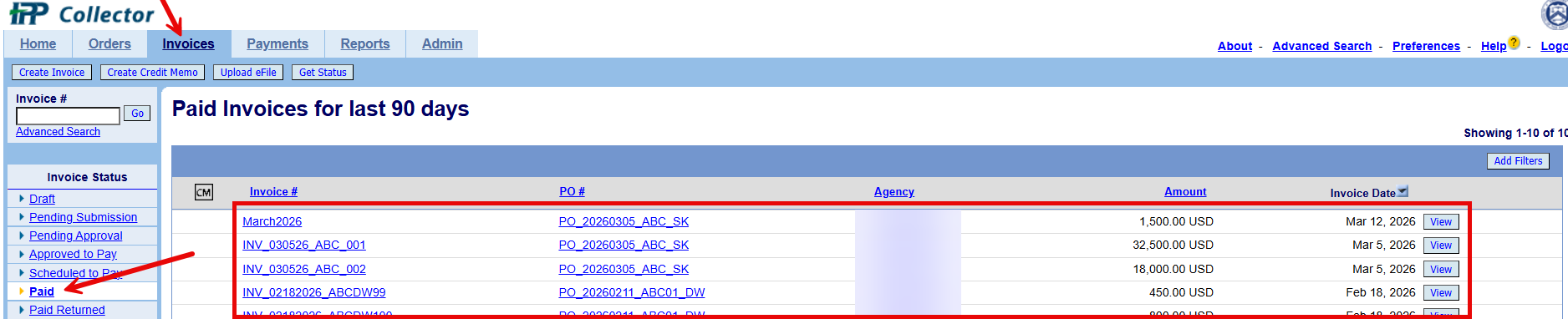 To view paid invoices for the past 30 days, click on the paid link in the left column.
