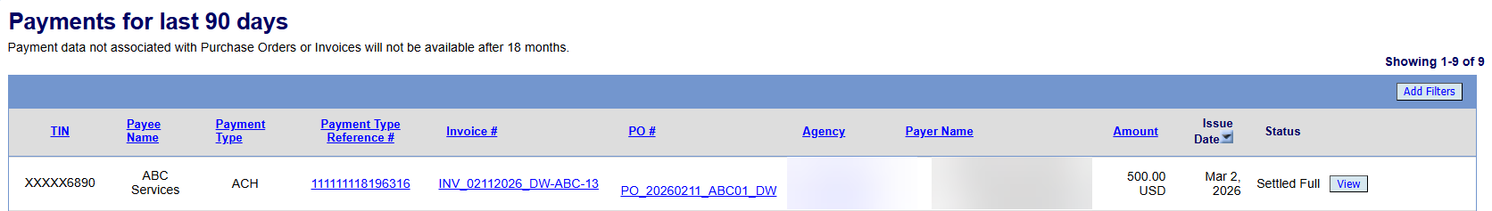 The payments tab includes information about the payee, payment type, payer, amount and issue date.