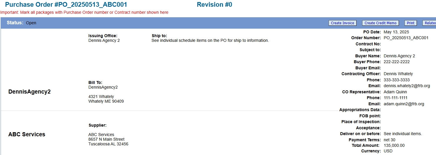 An example purchase order that shows its status and billing information.