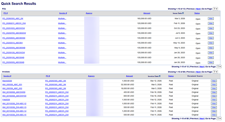 The Quick Search results page, with columns for PO number, invoice number, agency, amount and issue date.