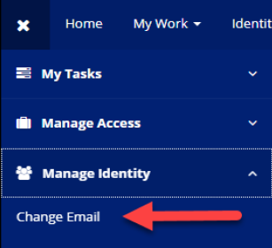 Change Email is found under the Manage Identity dropdown.