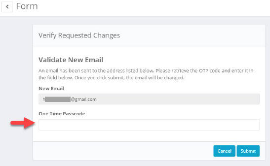 A one-time passcode will be sent to validate the new email address.