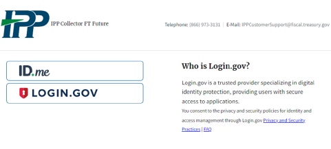 IPP Login screen with buttons for id.me and login.gov. Who is login.gov? Login.gov is a trusted provider specializing in digital identity protection with secure access to applications.